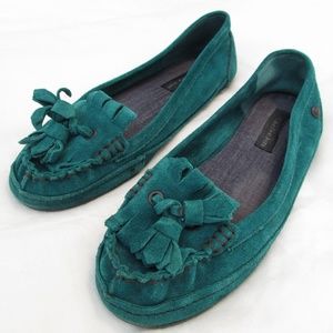 Teal Tasseled Suede Moccasins